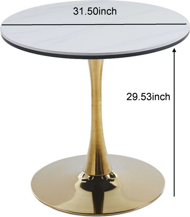 Tulip Table Mid-Century Dining Table For 2 - 4 People With Round MDF Table Top, Pedestal Dining Table, End Table Leisure Coffee Table, Ceramic And MDF Top - Golden / White