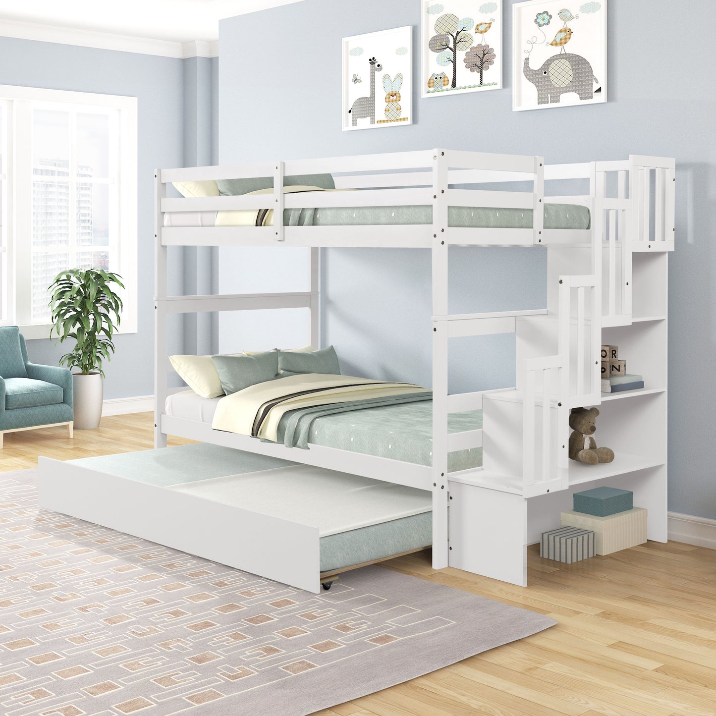 Twin Over Twin Bunk Beds With Twin Trundle And Stairway Storage Function - White
