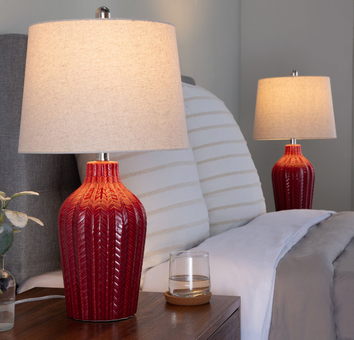 Rockwell - Contemporary Table Lamp (Set of 2) - Glossy Brick Red / Polished Nickel / Natural