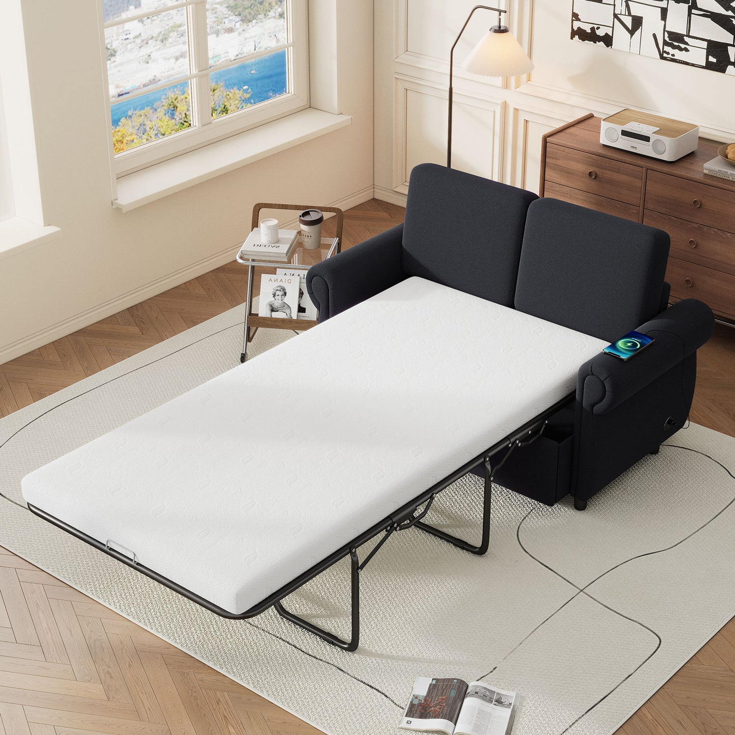 Pull Out Sofa Bed Loveseat Sleeper With Twin Size Memory Mattress With Two USB Ports For Living Room Spaces - Black