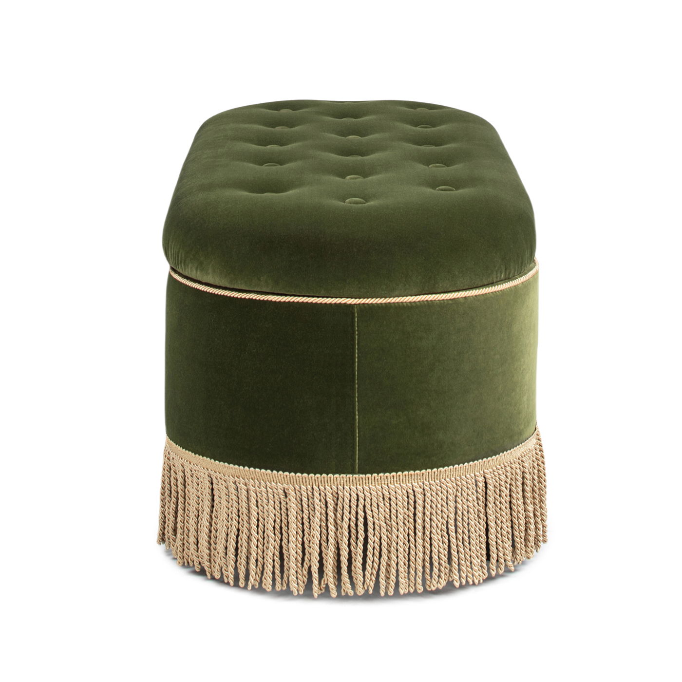 Melinda - Oval Tufted Bullion Fringe Storage Bench - Olive Green