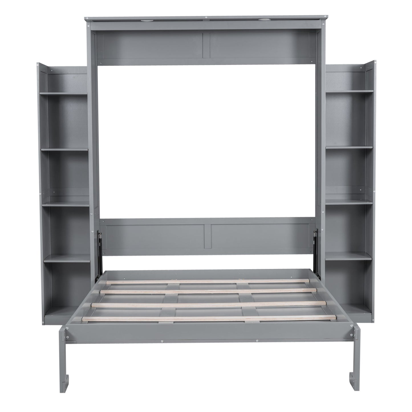 Queen Size Murphy Wall Bed With Shelves And LED Lights - Gray