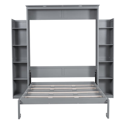Queen Size Murphy Wall Bed With Shelves And LED Lights - Gray