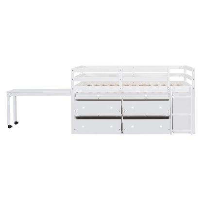 Twin Size Loft Bed With Retractable Writing Desk And 4 Drawers, With Lateral Portable Desk And Shelves - White