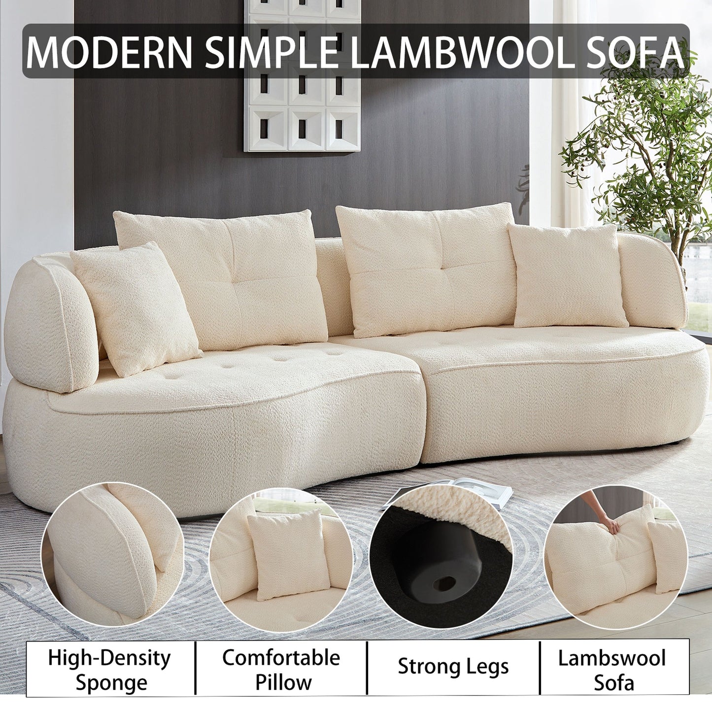 4 Seat Modular Sofa With Removable Pillows, Durable Fabric And Solid Wood Frame - White