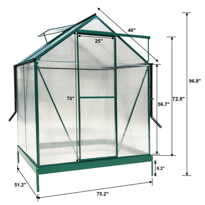 6.3'x4.2'x7' Polycarbonate Greenhouse, Heavy Duty Outdoor Aluminum Walk-In Green House Kit With Rain Gutter, Vent And Door For Backyard Garden - Green