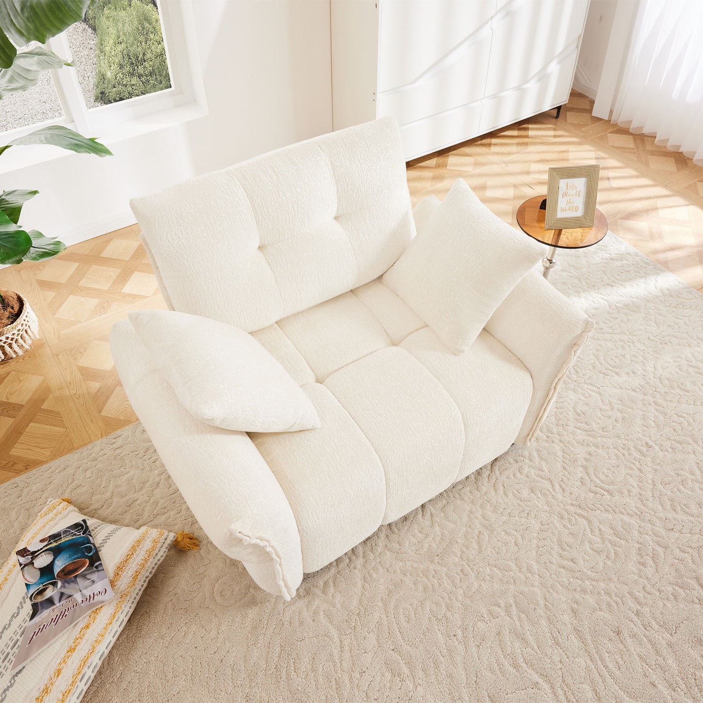 Ergonomic Single Seater Sofa With High Resilience Support Cushions And Throw Pillows, Modern Design - White
