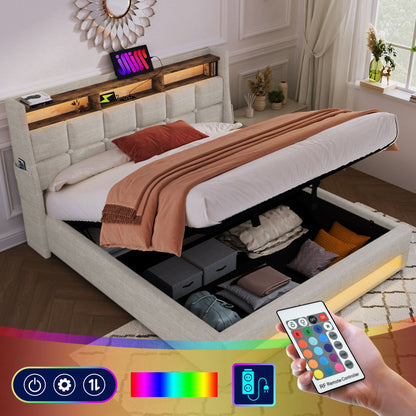 Full Size Upholstered Platform Bed With A Hydraulic Storage System, LED And USB Charging (Without Mattress) - Natural