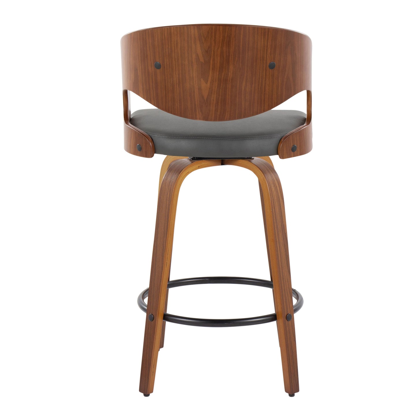Pino - Mid-Century Modern Fixed Height Barstool With Swivel With Round Footrest (Set of 2) - Walnut / Gray