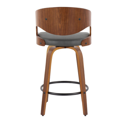 Pino - Mid-Century Modern Fixed Height Barstool With Swivel With Round Footrest (Set of 2) - Walnut / Gray