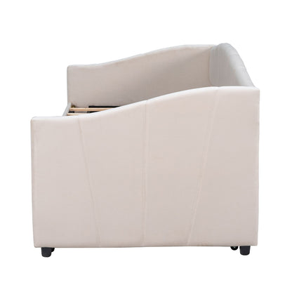 Twin Size Upholstered Daybed Sofa Bed With Trundle And Slat - Beige