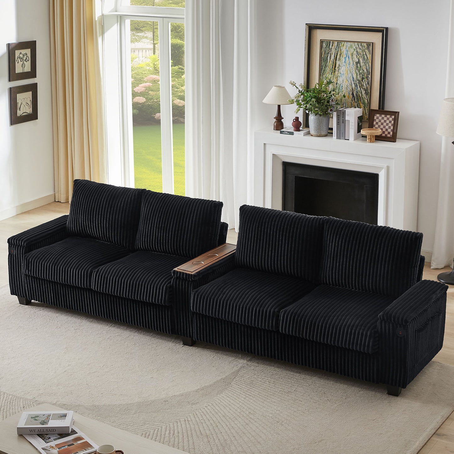 Modern 4 Seater Corduroy Sofa Couch With USB Ports And Hidden Storage - Black