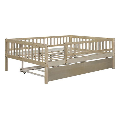 Full Size Daybed With Trundle And Fence Guardrails - Natural