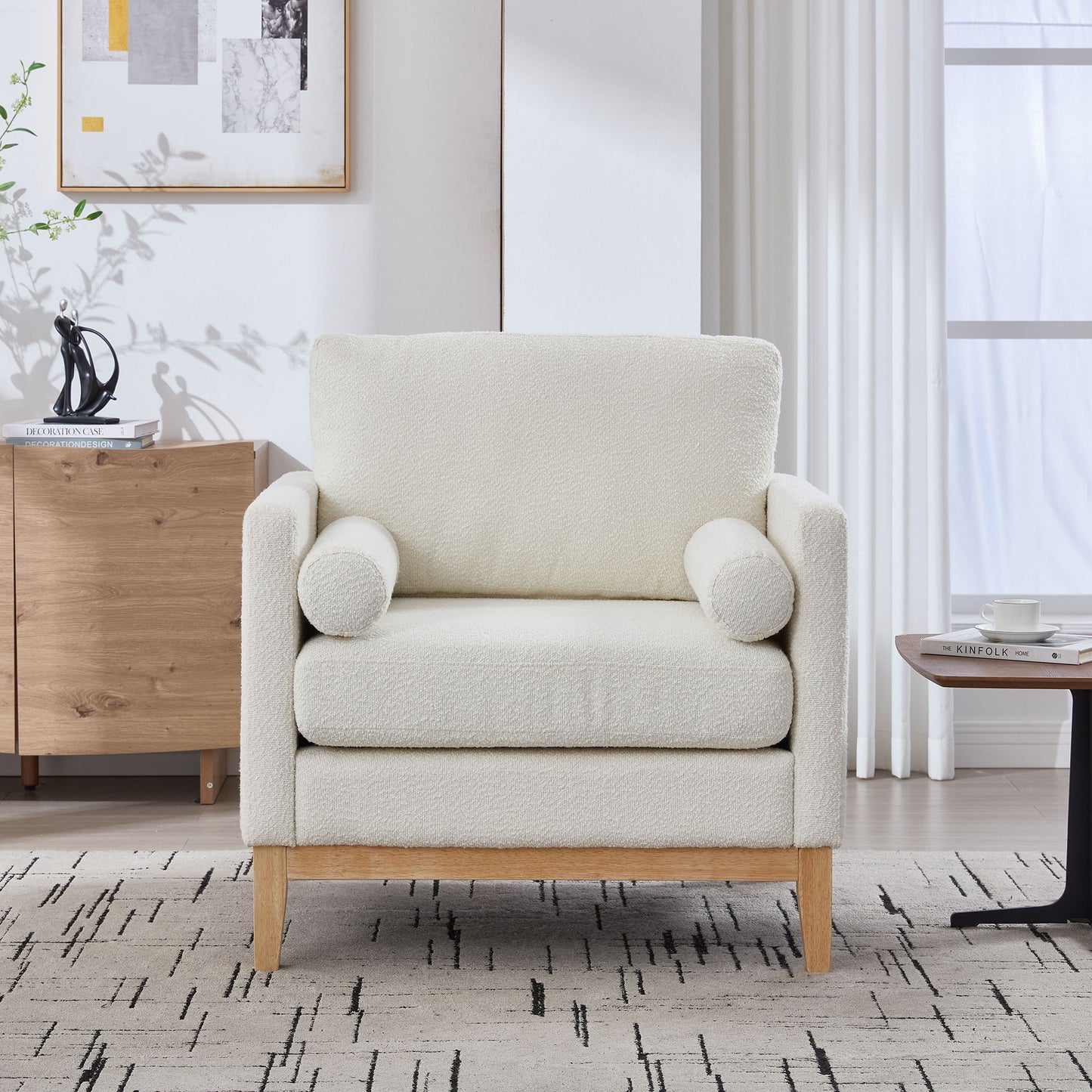 Wide Modern Farmhouse Performance Accent Chair With Natural Wood Legs, Wood Base Reading Armchair Single Sofa With 2 Bolster Pillows For Living Room Offices And Lounge - Ivory