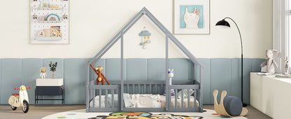 Twin Wood House-Shaped Floor Bed With Fence, Guardrails - Gray
