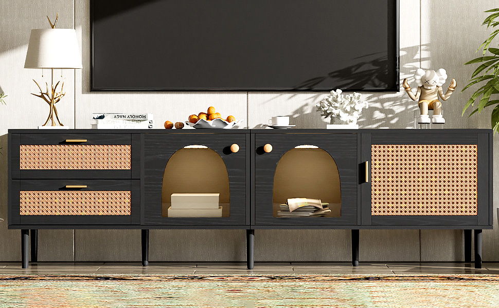 Rattan TV Stand With 3 Cabinets & 2 Drawers, Rattan-Inspired Media Console Table For Tvs Up To 80'', LED Light Entertainment Center, TV Cabinet For Living Room - Black