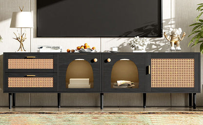 Rattan TV Stand With 3 Cabinets & 2 Drawers, Rattan-Inspired Media Console Table For Tvs Up To 80'', LED Light Entertainment Center, TV Cabinet For Living Room - Black