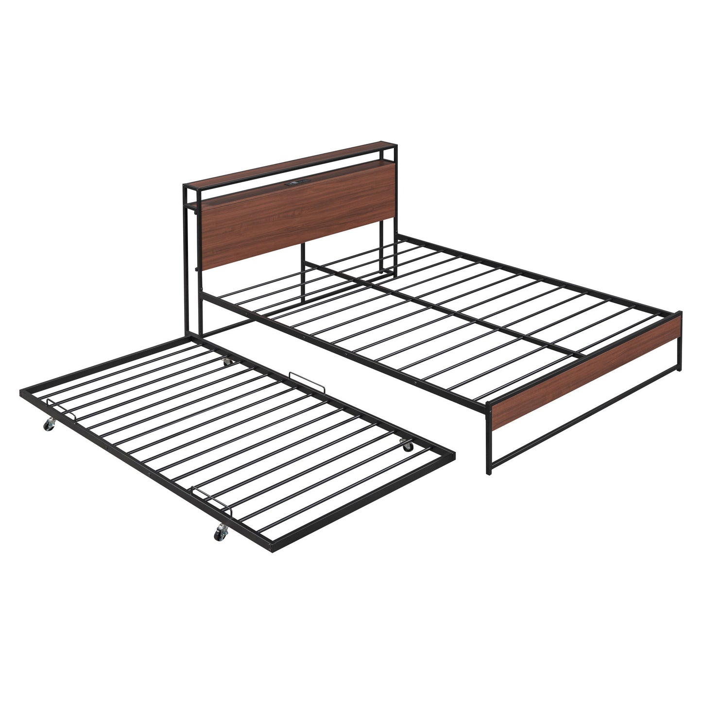 Queen Size Platform Bed Frame With Trundle, USB Ports And Slat Support, No Box Spring Needed - Black