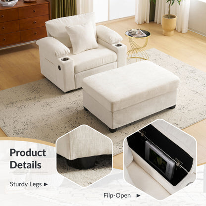 Modern Oversized Chair With Ottoman, Chenille Fabric Sofa Bed, Accent Chair Comfy Sofa With Cupholders And USB Charging Ports Chair For Living Room, Bedroom, Apartment - Beige