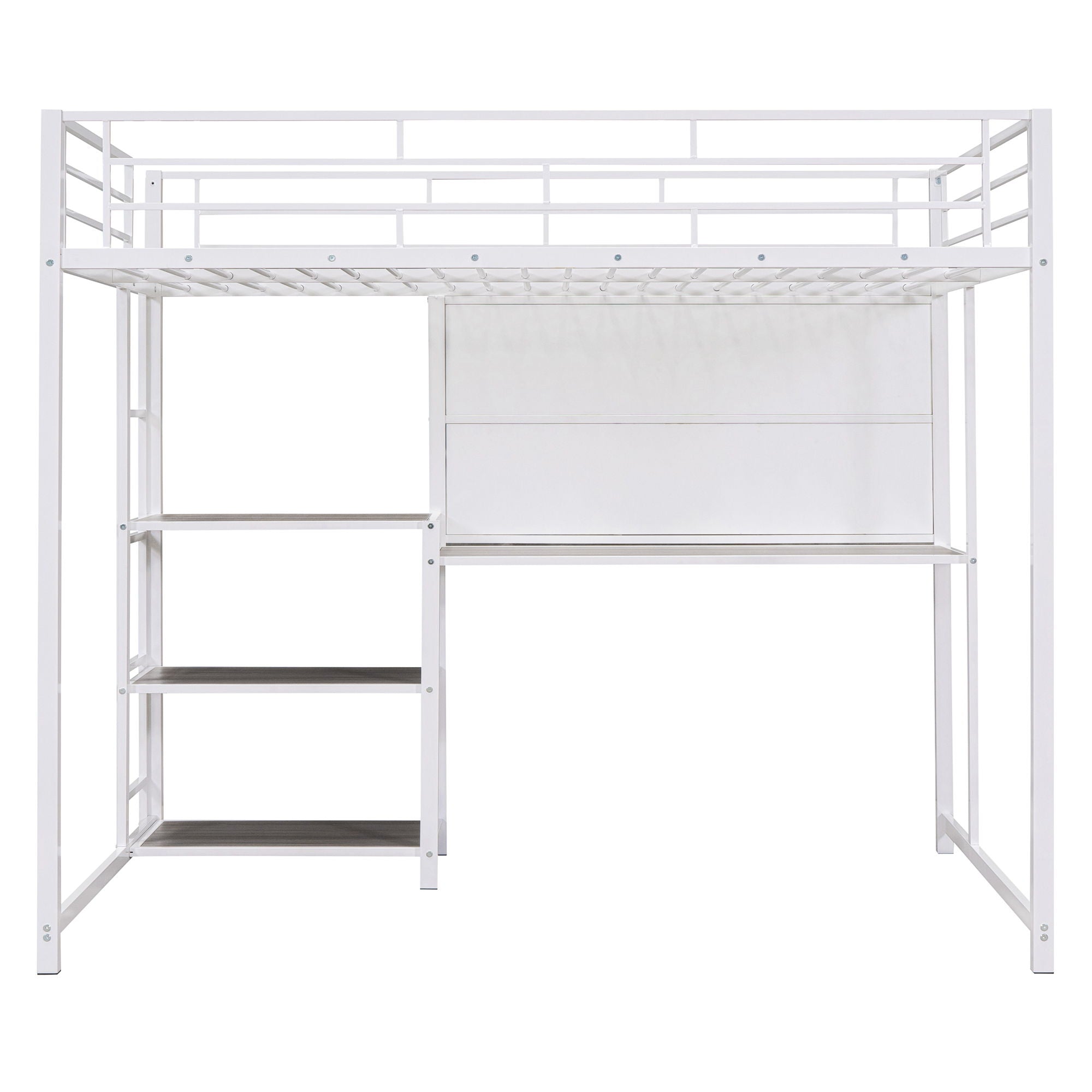 Full Size Loft Bed With Desk And Whiteboard, Loft Bed With 3 Shelves And Ladder - White