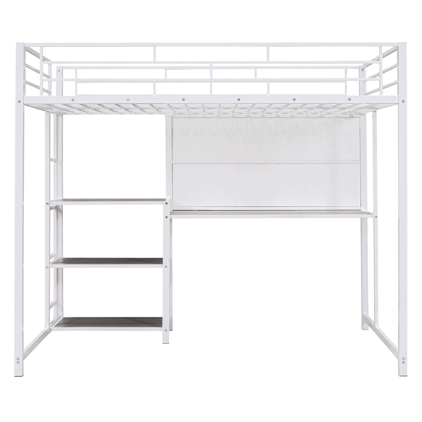Full Size Loft Bed With Desk And Whiteboard, Loft Bed With 3 Shelves And Ladder - White