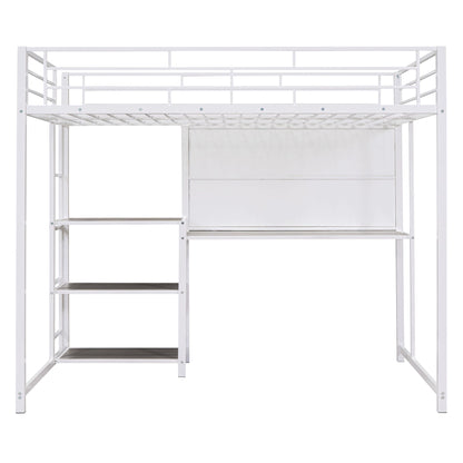 Full Size Loft Bed With Desk And Whiteboard, Loft Bed With 3 Shelves And Ladder - White