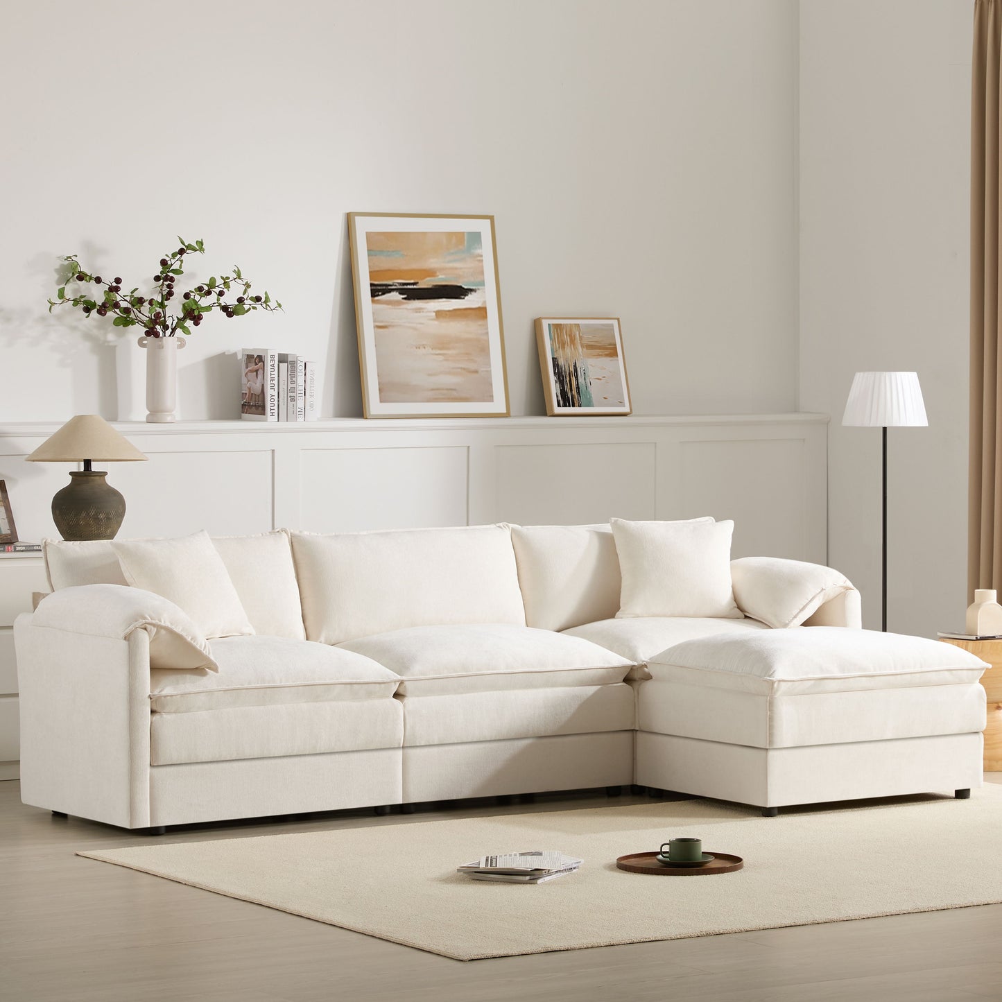 Modular Sectional With Deep And Wide Seat, L Shaped Cloud Couch Set With Double Cushions 4 Seat Sofa With Movable Ottoman Oversized - Cream