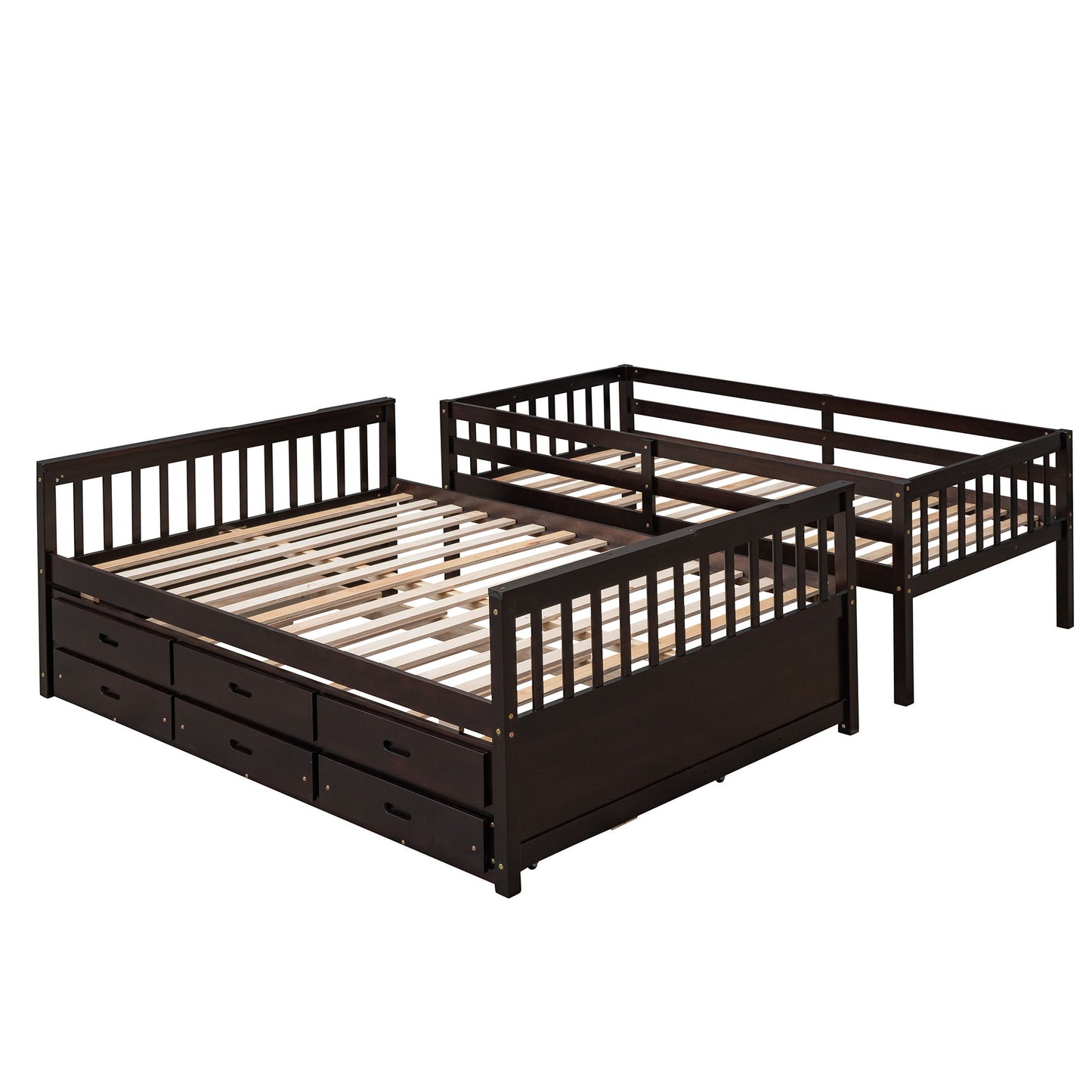Twin Over Full Bunk Bed With Twin Size Trundle, With Drawers For Bedroom - Espresso