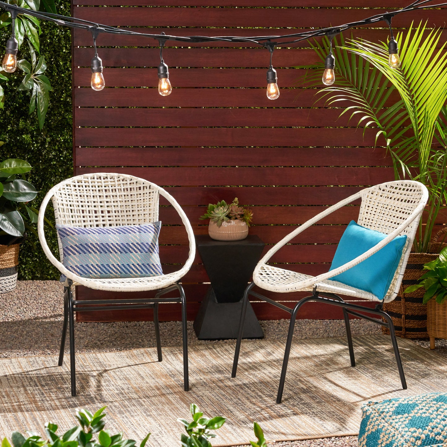 Outdoor Faux Rattan Wicker Chair With Iron Frame (Set of 2) - White / Black