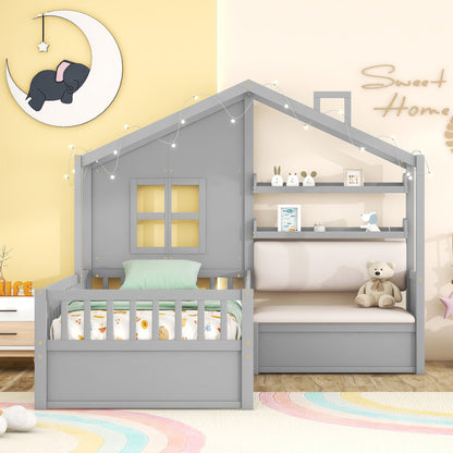 Twin Size House Bed With Sofa, Kids Platform Bed With 2 Drawers And Storage Shelf - Gray