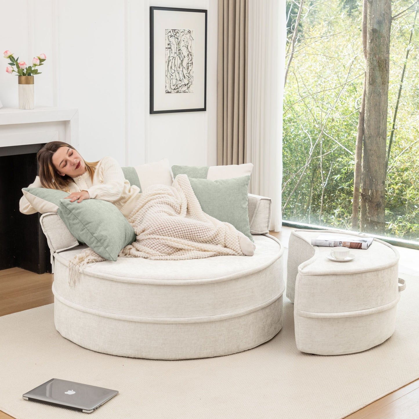 Modern Oversized Round Barrel Accent Chair With Ottoman Velvet Upholstered Lounge Armchair With 5 Pillows For Living Room Or Bedroom - Beige