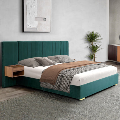 Upholstered Queen Size Bed Frame Of Velvet Tufted Headboard With Floating Nightstand LED / USB Built - Green