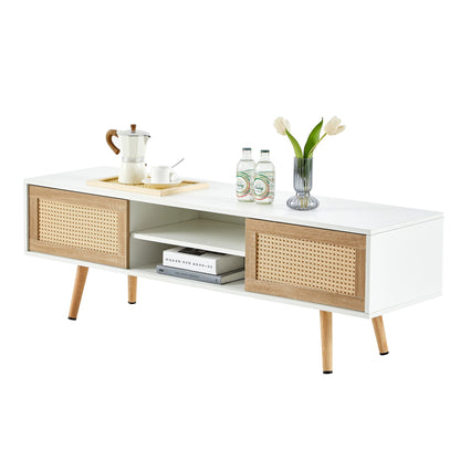 55.12" Rattan TV Cabinet, Double Sliding Doors For Storage, Adjustable Shelf, Solid Wood Legs, TV Console For Living Room - White