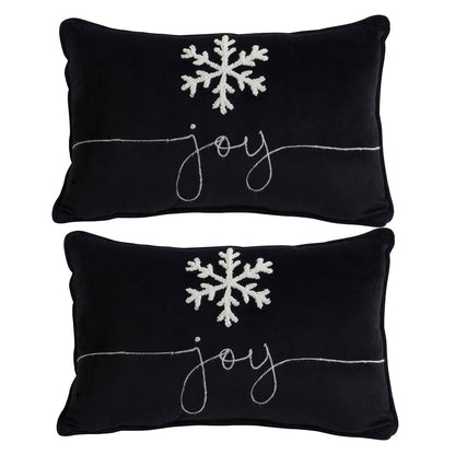 Velvet Pillow With Embroidered Joy And Frosty Snowflake, For Christmas Halloween Holiday Decor (Set of 2) - Black White