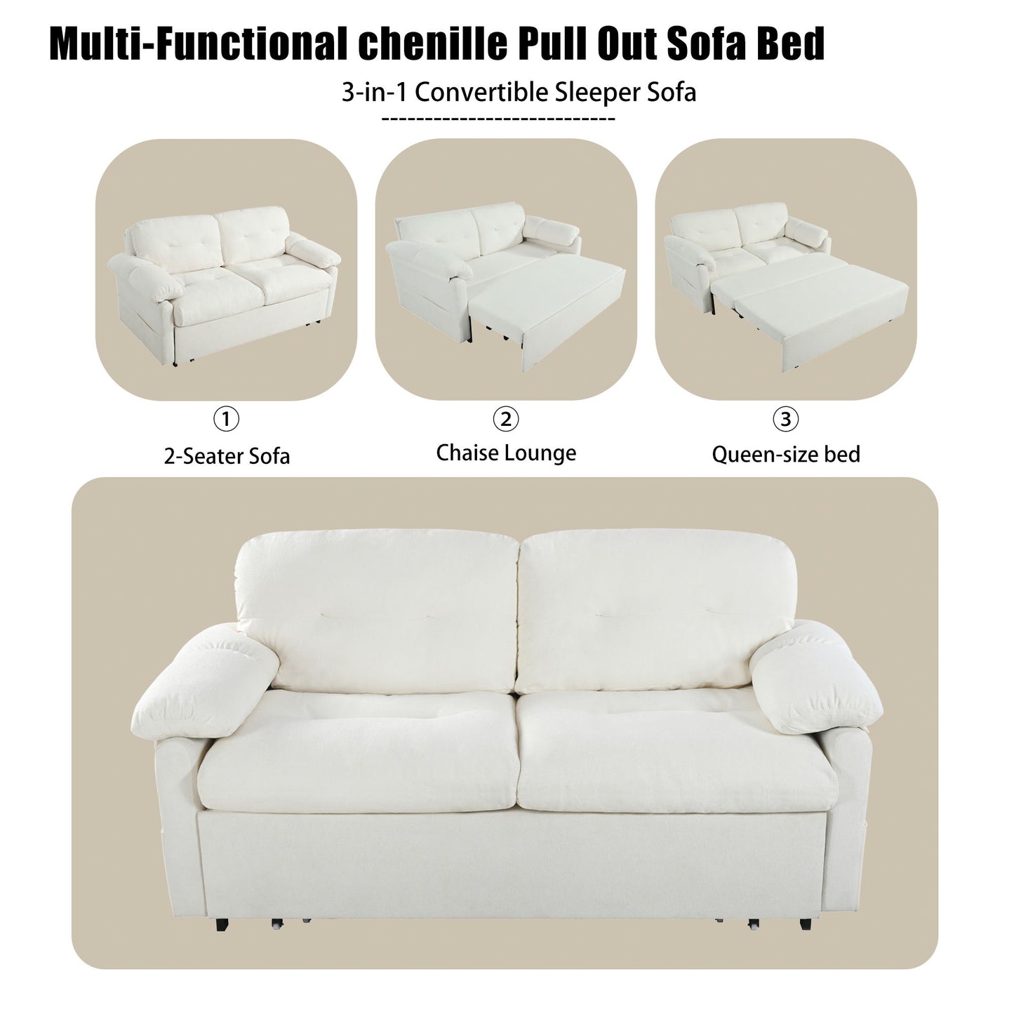 Modern Convertible Sleeper Sofa Bed With Pull Out Queen Design, Side Storage & Thick Cushions Chenille Loveseat For Living Room Or Bedroom 3 In 1 Function - Beige