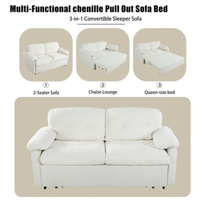 Modern Convertible Sleeper Sofa Bed With Pull Out Queen Design, Side Storage & Thick Cushions Chenille Loveseat For Living Room Or Bedroom 3 In 1 Function - Beige