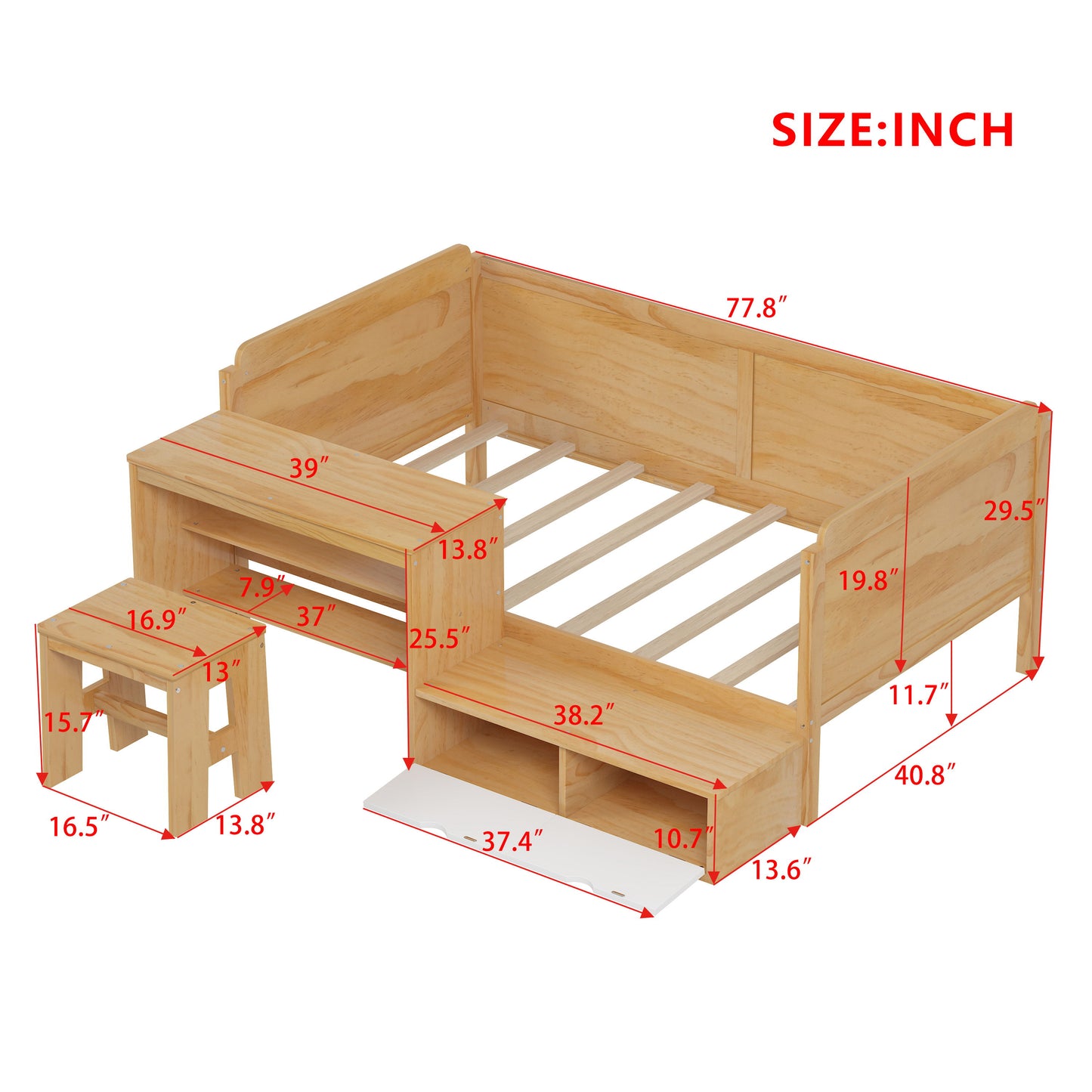 Twin Size Daybed With Storage Shelves And Lockers, Multi Functional Bed With Study Desk And Matching Stool - Natural