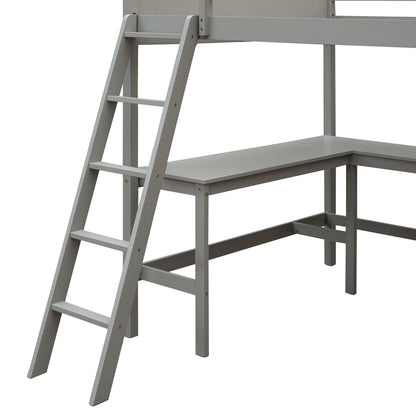 Full Size Loft Bed With Shelves With Desk - Gray