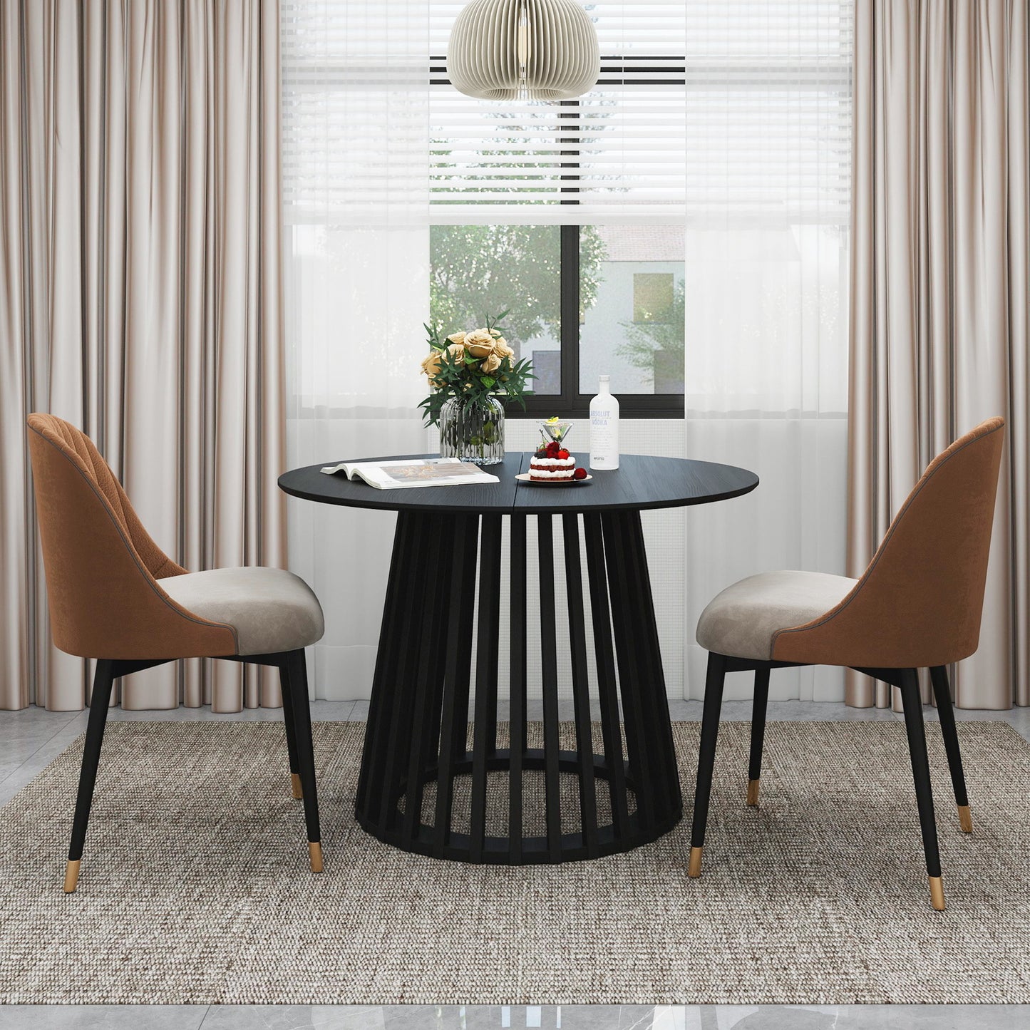 Modern Round Coffee Table With Grille Molding For Living Room, Bedroom, Or Balcony - Black