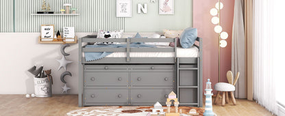 Full Size Loft Bed With Retractable Writing Desk And 4 Drawers, With Lateral Portable Desk And Shelves - Gray