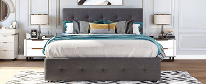 Queen Size Upholstered Platform Bed With 2 Drawers And 1 Twin Long Trundle - Dark Gray