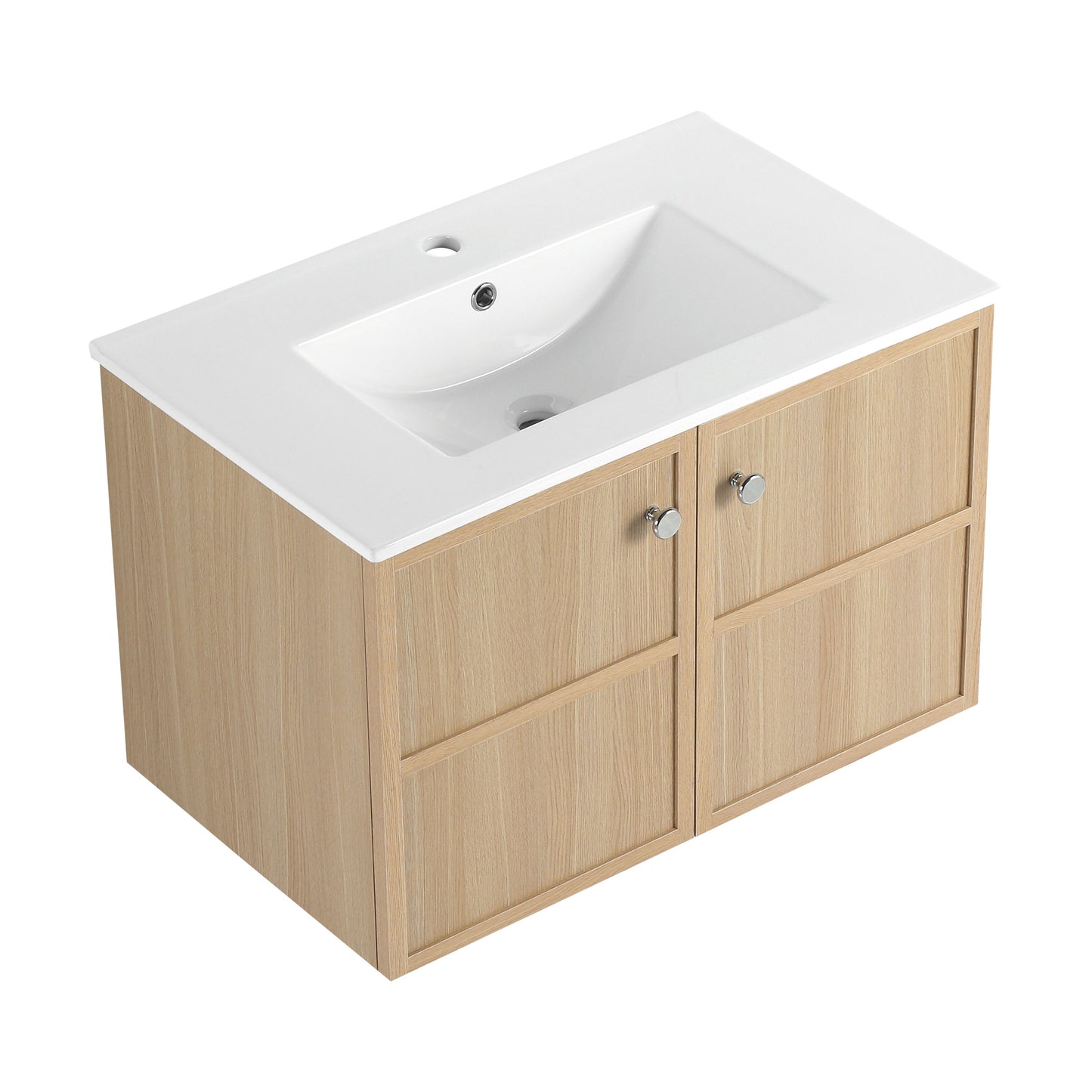Modern Wall Mounted 30" Bathroom Vanity With Ceramic Sink And Soft Closing Doors - Oak