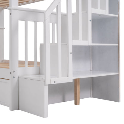 Twin Over Twin Stairway Bunk Bed With Three Drawers For Bedroom - White