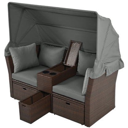 2 Seater Outdoor Patio Daybed Outdoor Double Daybed Outdoor Loveseat Sofa Set With Foldable Awning And Cushions For Garden, Balcony, Poolside - Gray