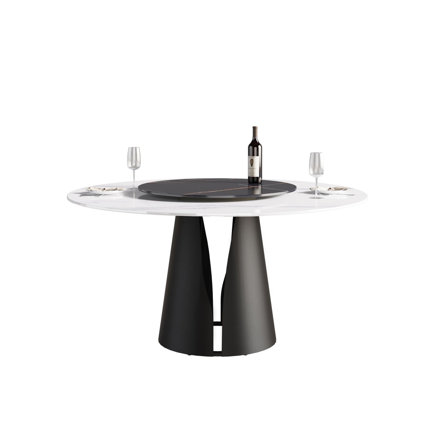 59.05" Modern Artificial Stone Round Carbon Steel Base Dining Table, Can Accommodate 6 People, Black Artificial Stone Turntable - White / Black