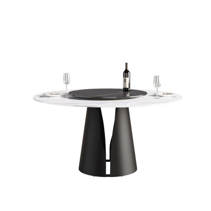59.05" Modern Artificial Stone Round Carbon Steel Base Dining Table, Can Accommodate 6 People, Black Artificial Stone Turntable - White / Black