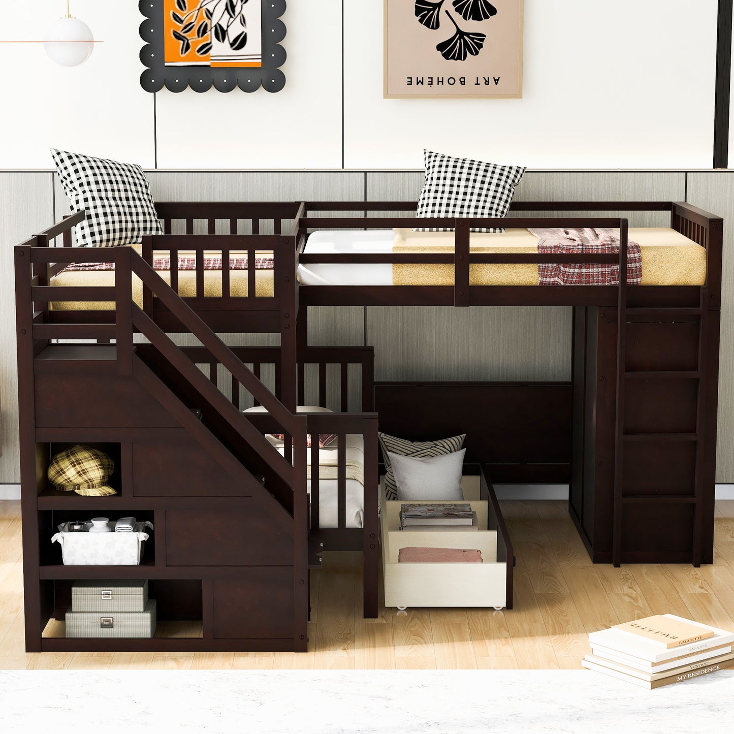 Twin Twin Over Full L Shaped Bunk Bed With 3 Drawers, Portable Desk And Wardrobe - Espresso