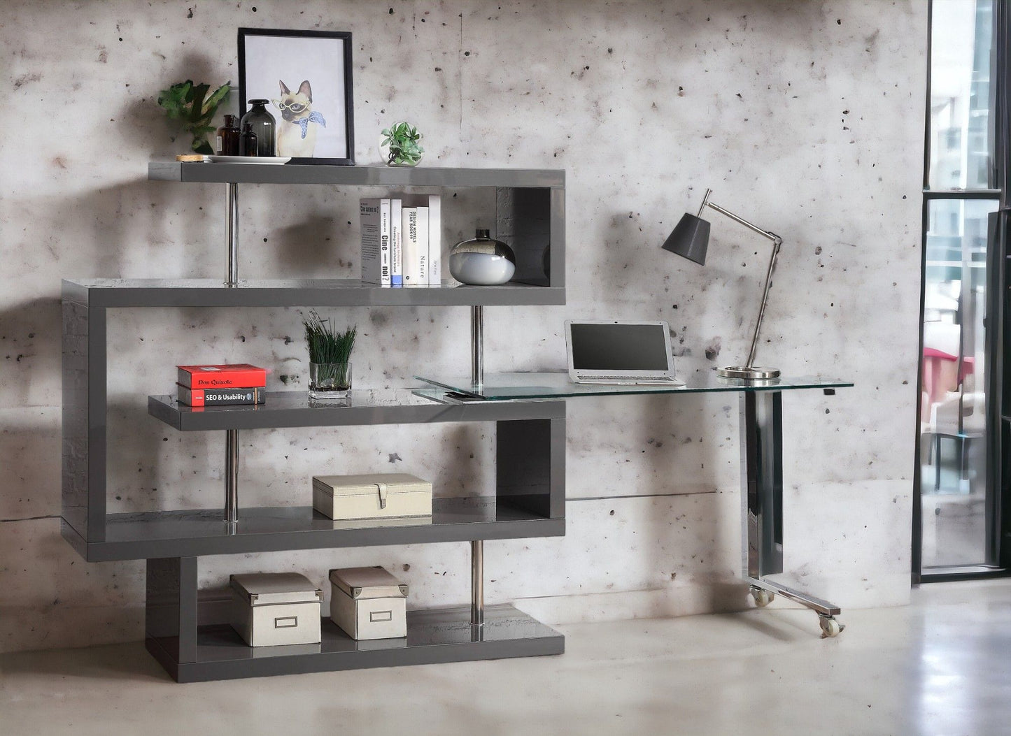 Buck II - Clear Glass, Chrome High Gloss Writing Desk With Shelf - Gray