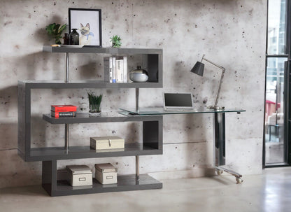 Buck II - Clear Glass, Chrome High Gloss Writing Desk With Shelf - Gray