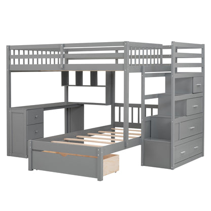 Full Over Twin Bunk Bed With Desk, Drawers And Shelves - Gray